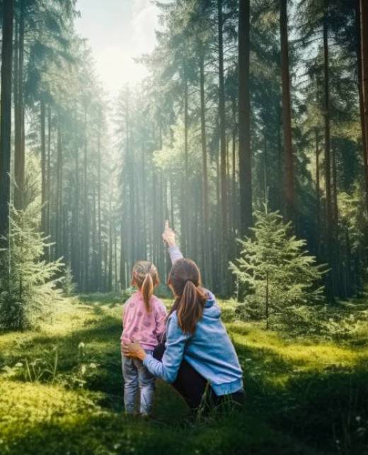Sunbeams break through the tall pine trees, illuminating the sof Sunbeams break through the tall pine trees, illuminating the sof